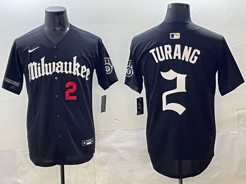 Men 2025 Milwaukee Brewers #2 Turang Black Five generations Joint Name Nike MLB Jersey style 5->milwaukee brewers->MLB Jersey